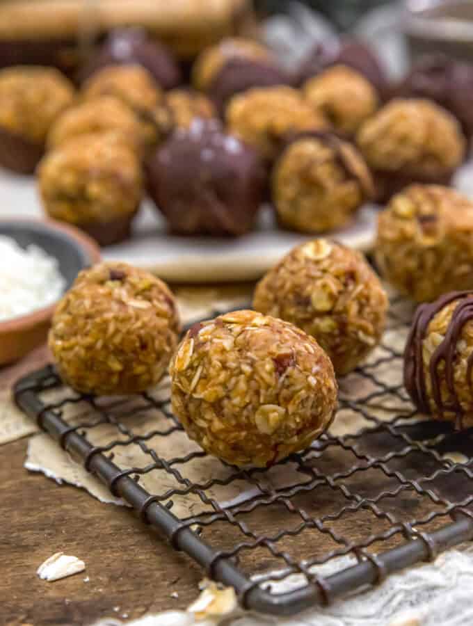 Close up of Healthy Vegan Coconut Date Caramel Bliss Balls