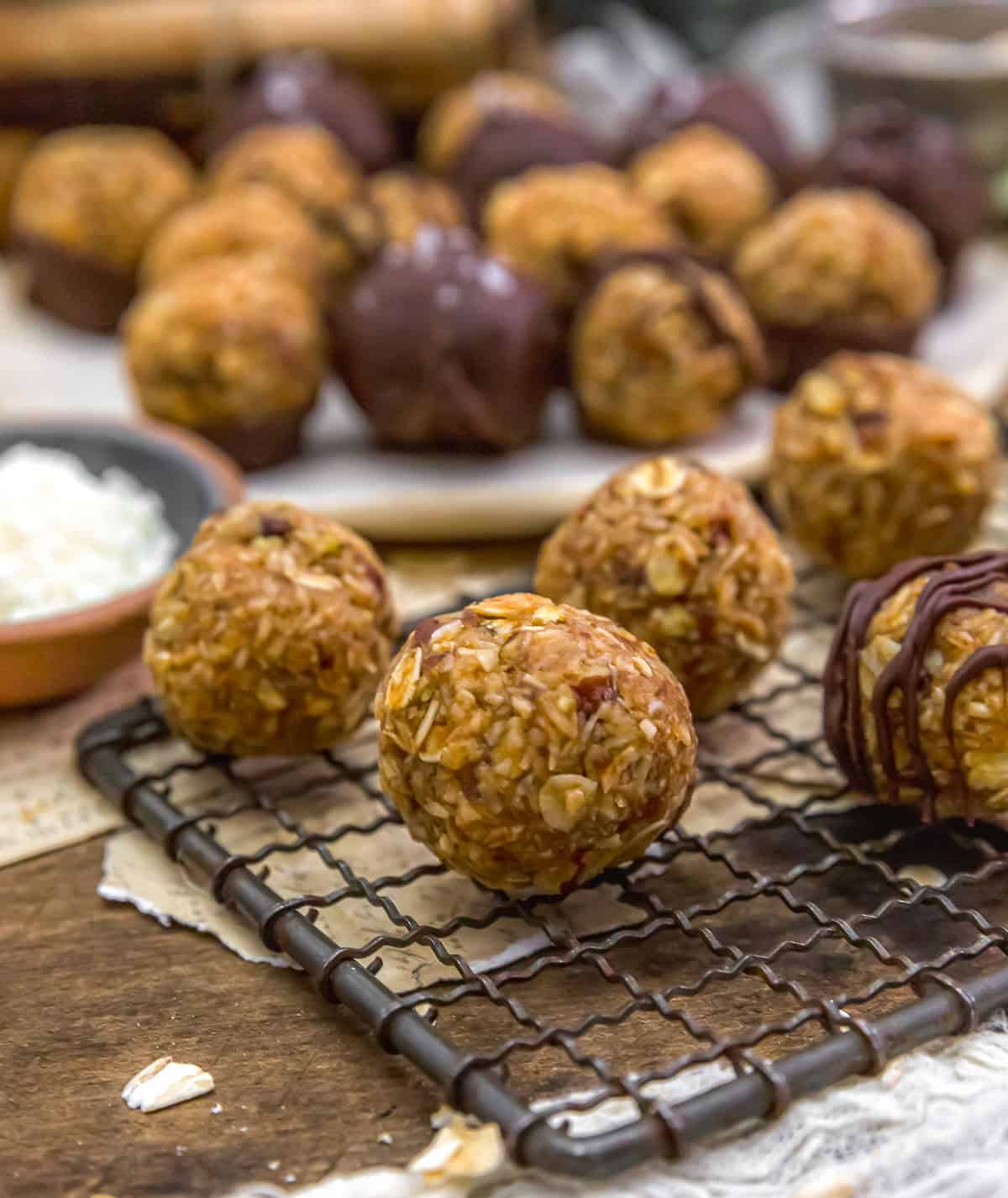 Close up of Healthy Vegan Coconut Date Caramel Bliss Balls