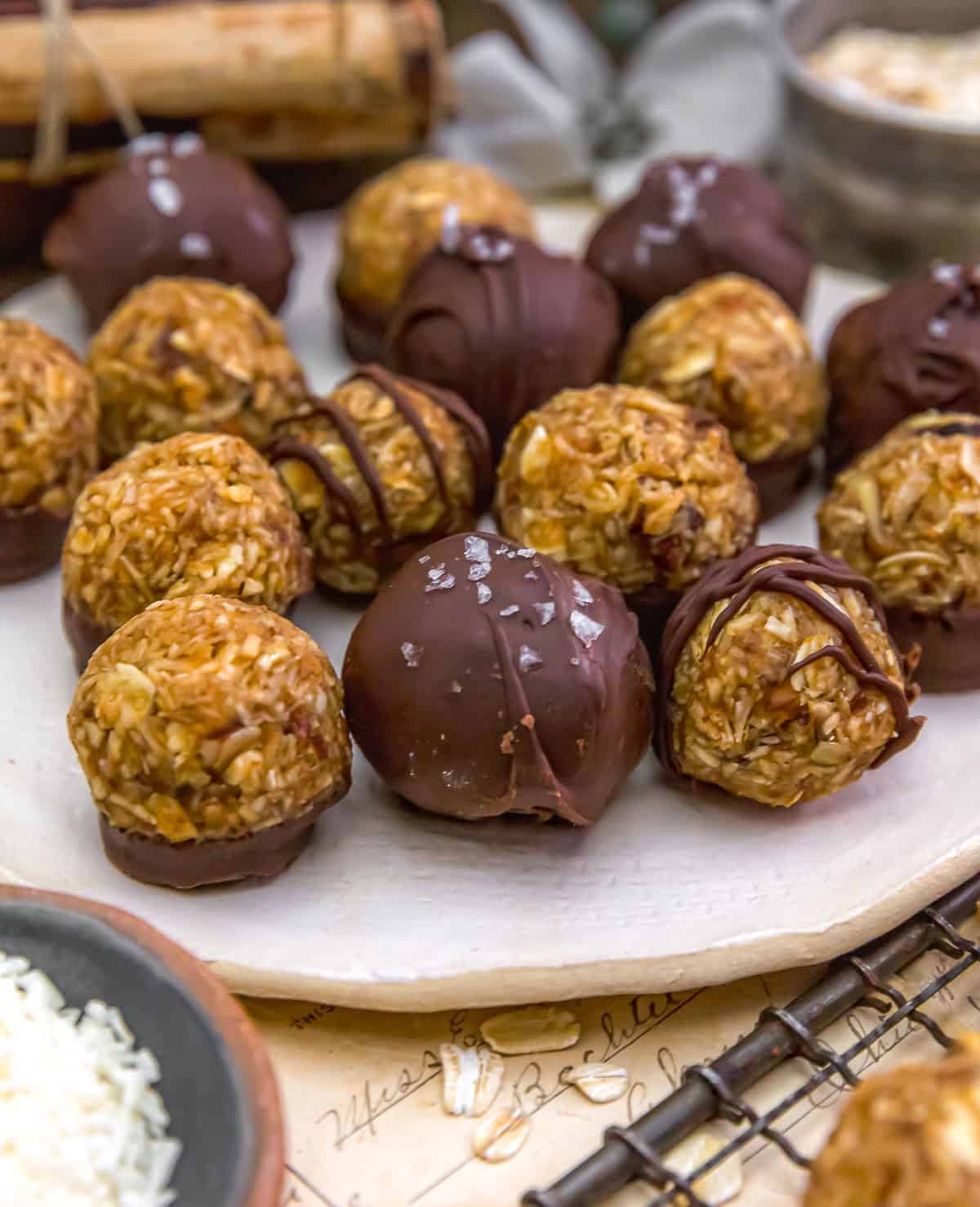 Plate of Healthy Vegan Coconut Date Caramel Bliss Balls