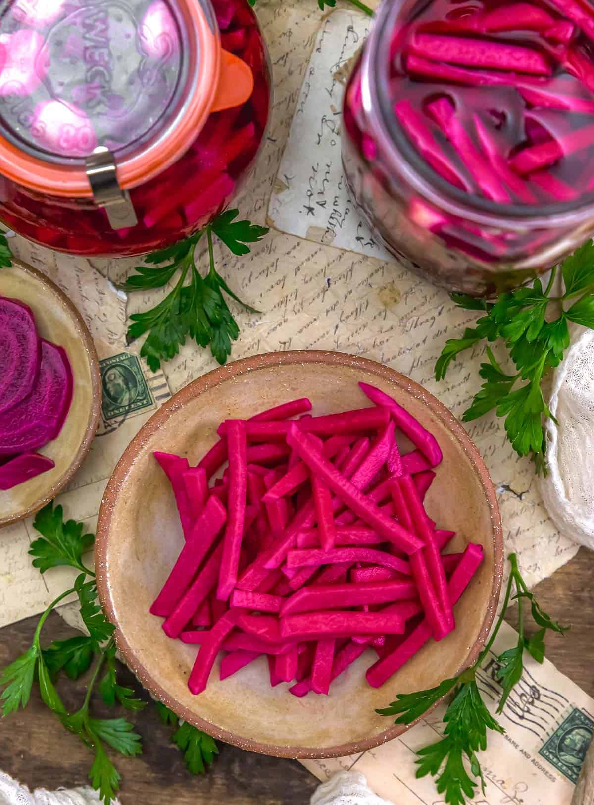 Tablescape of Refrigerator Middle Eastern Pickled Turnips