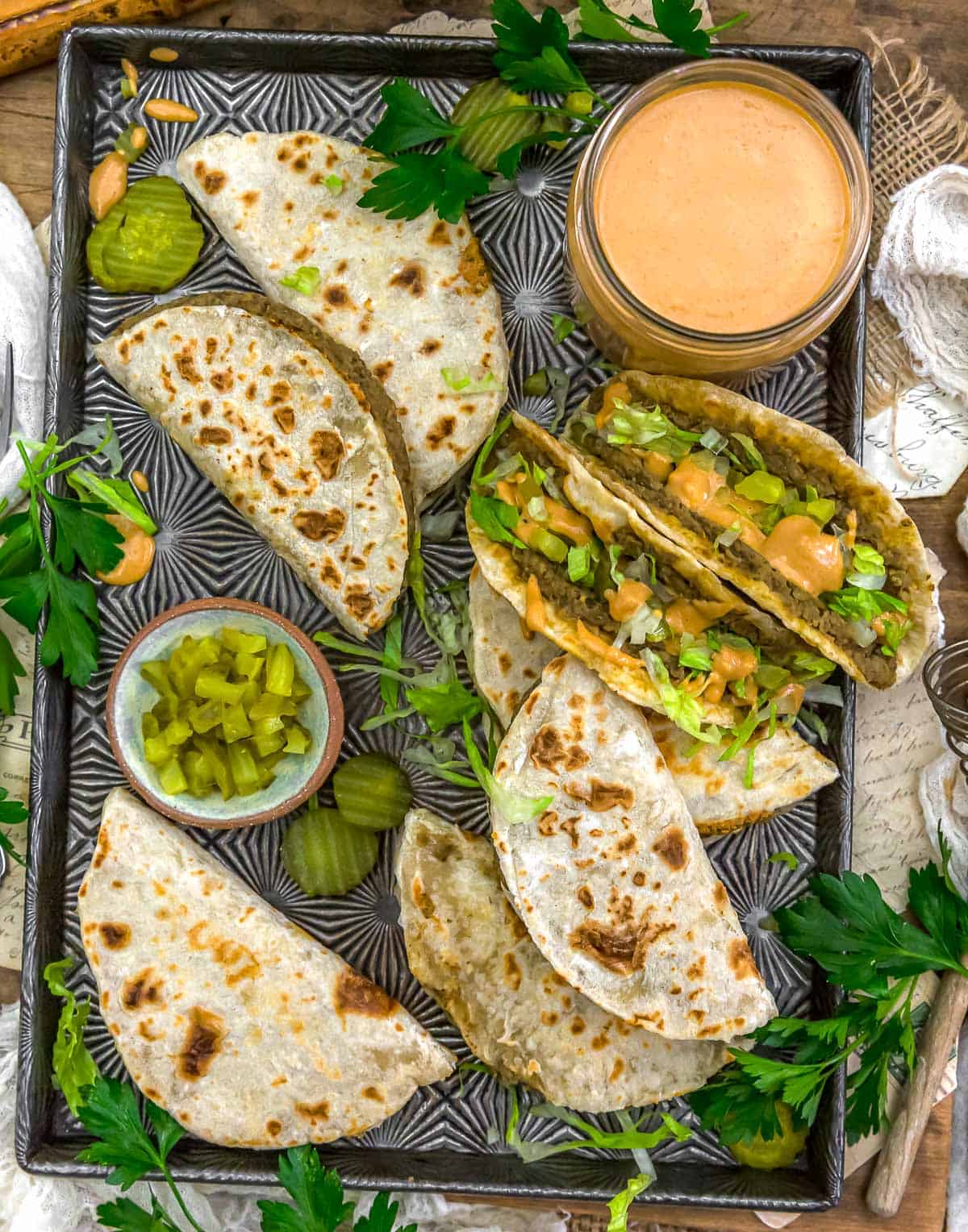 Tablescape of Big Mac Smashed Lentil Tacos