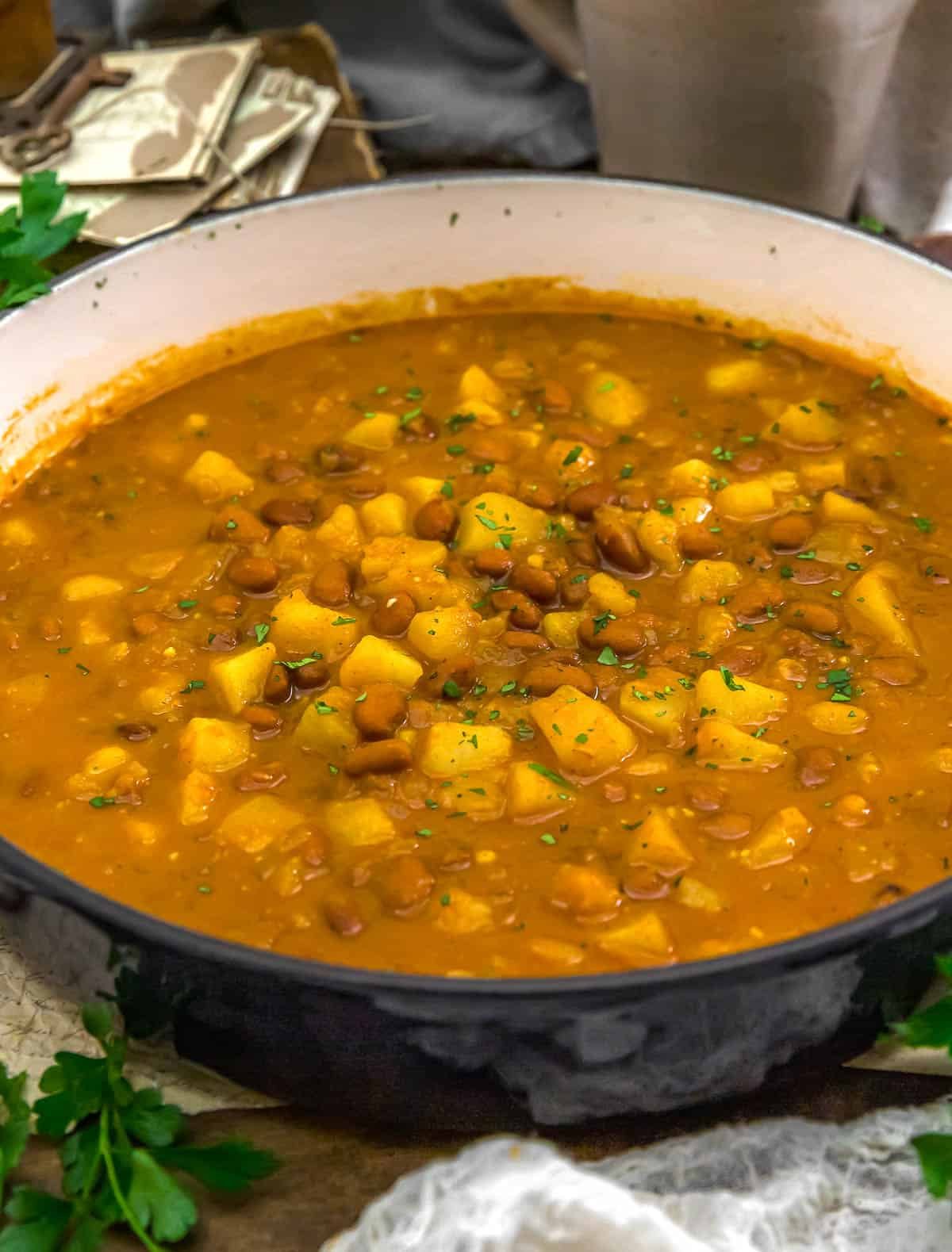 Close up of Spanish Poor Man’s Beans and Potatoes