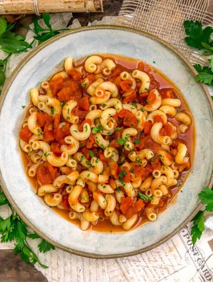Bowl of Vegan Appalachia Macaroni and Tomatoes