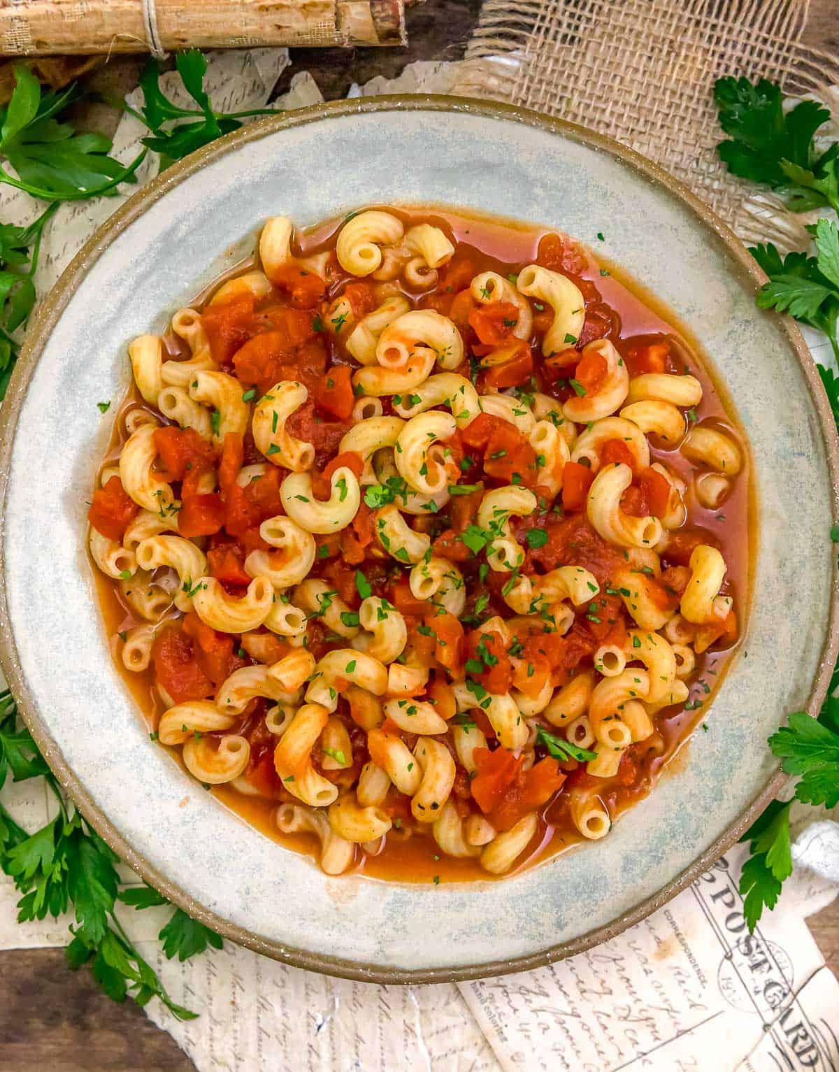 Bowl of Vegan Appalachia Macaroni and Tomatoes