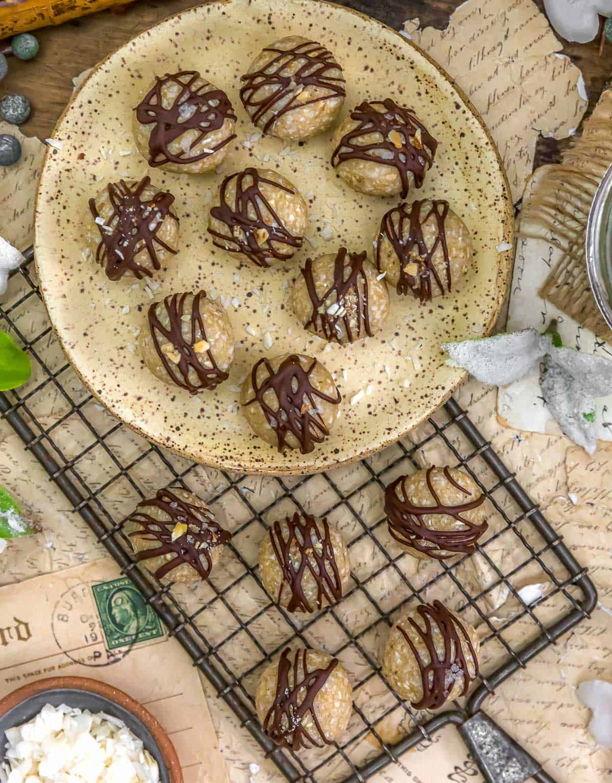 Tablescape of Healthy Almond Joy Bliss Balls