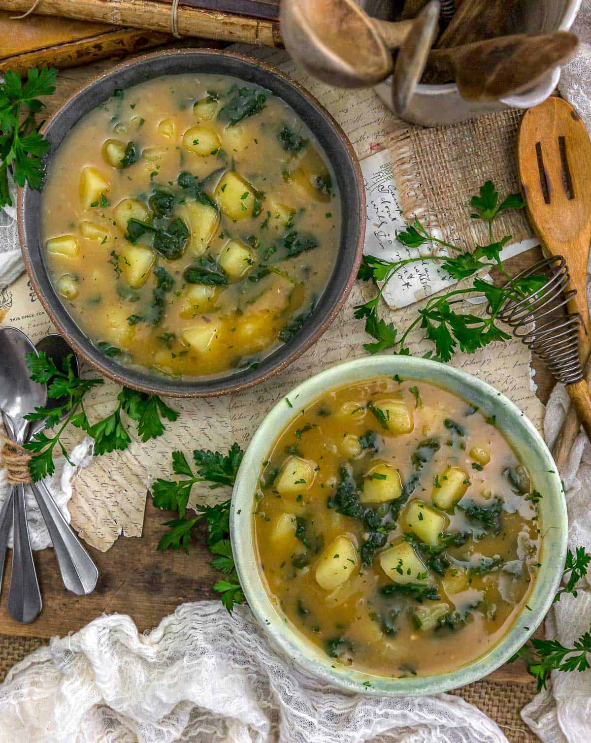 Bowls of Humble Potato Spinach Soup