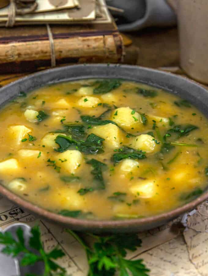 Close up of Humble Potato Spinach Soup