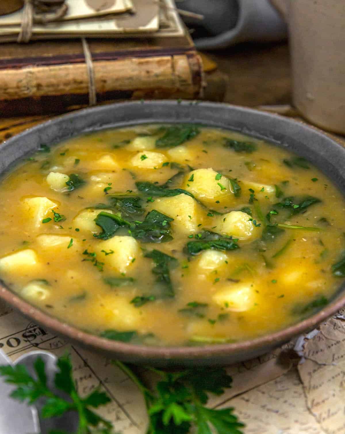 Close up of Humble Potato Spinach Soup