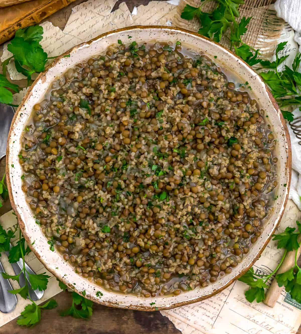 Bowl of Lebanese Lentils and Bulgur