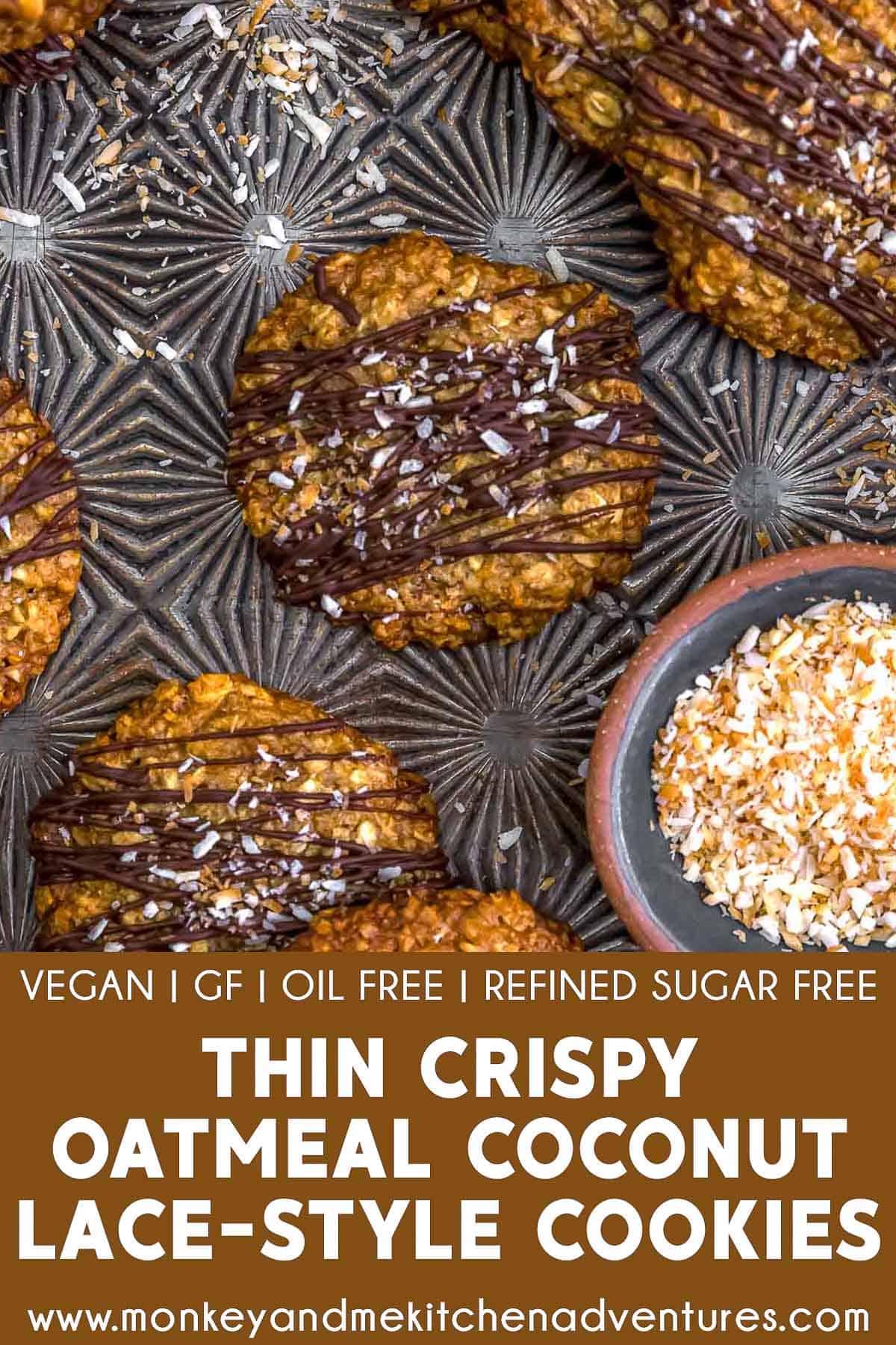 Thin Crispy Oatmeal Coconut Lace-Style Cookies with text desription