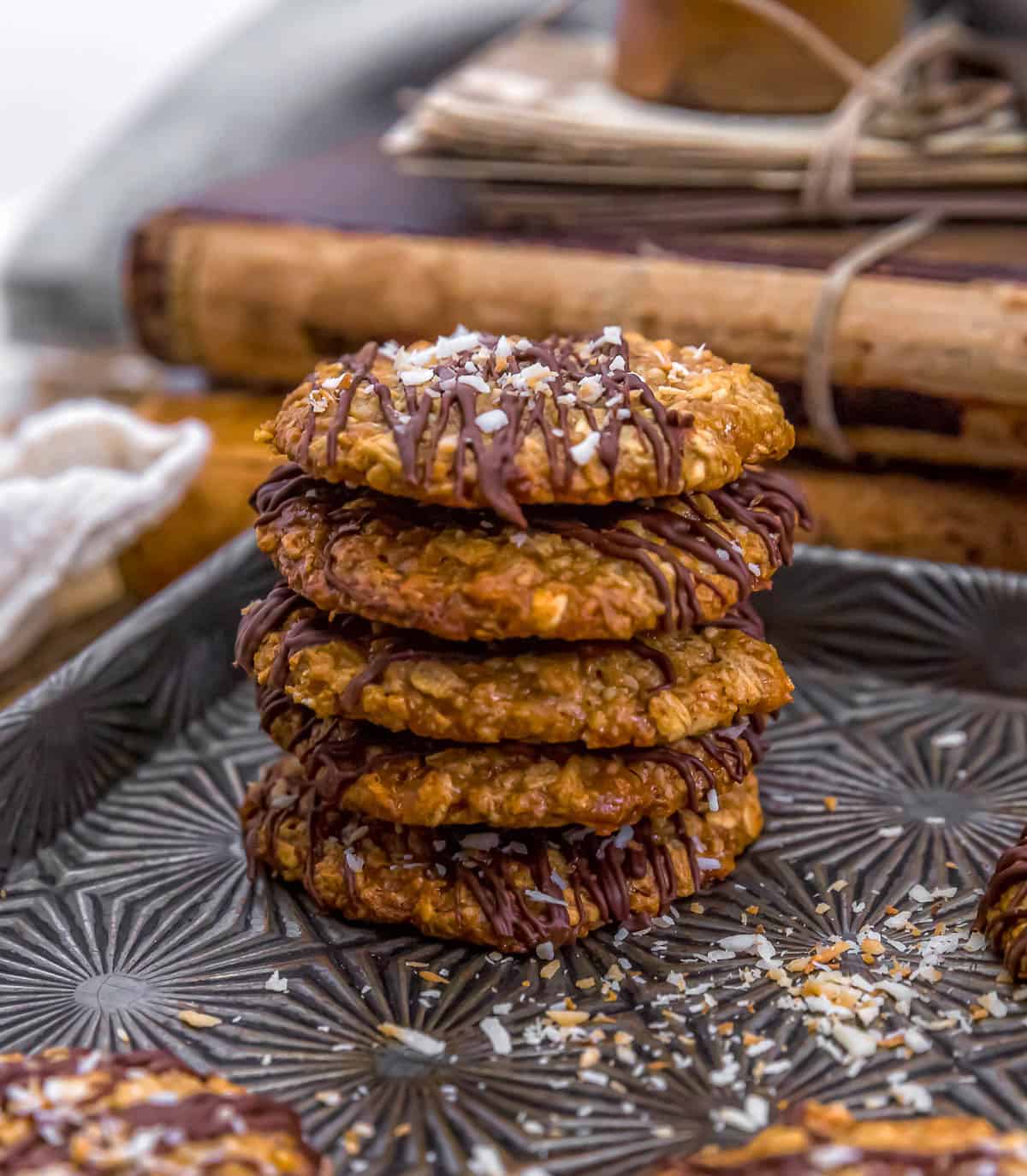 Stack of Thin Crispy Oatmeal Coconut Lace-Style Cookies