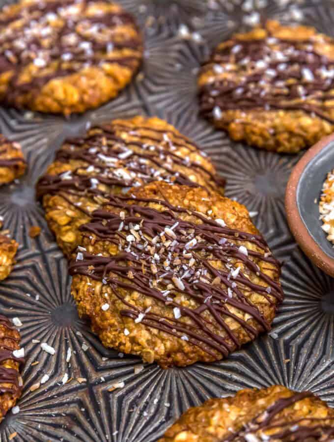 Close up of Thin Crispy Oatmeal Coconut Lace-Style Cookies