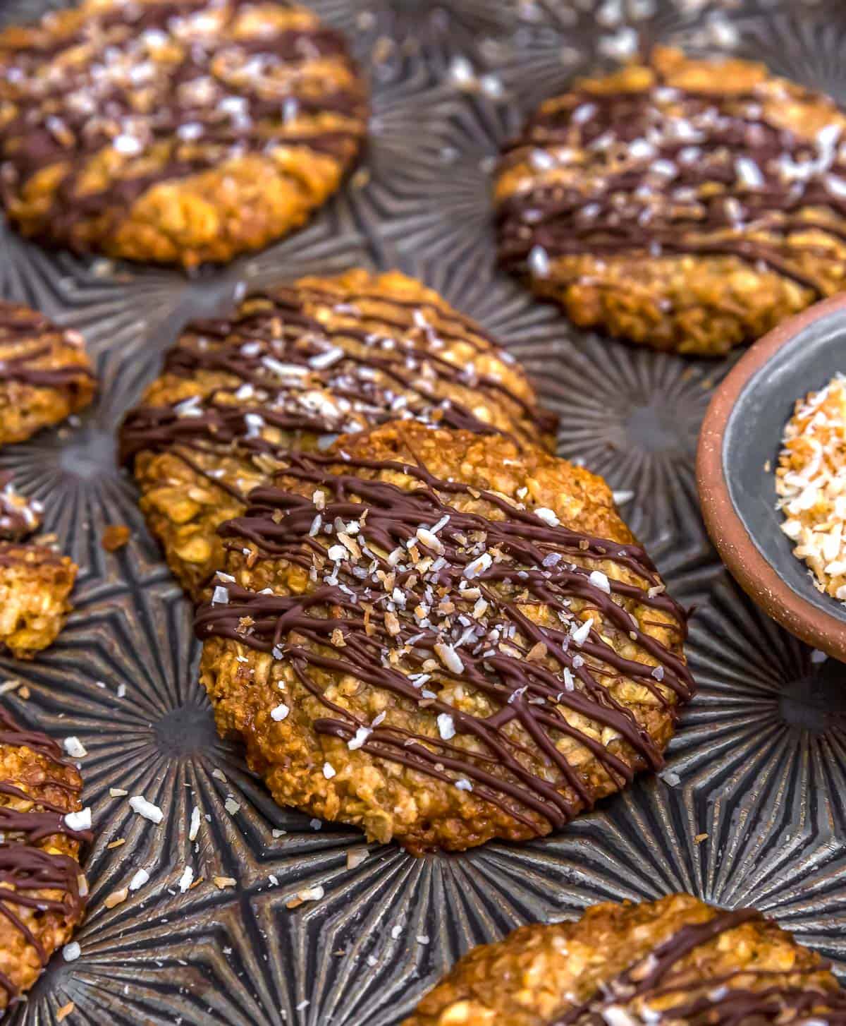 Close up of Thin Crispy Oatmeal Coconut Lace-Style Cookies