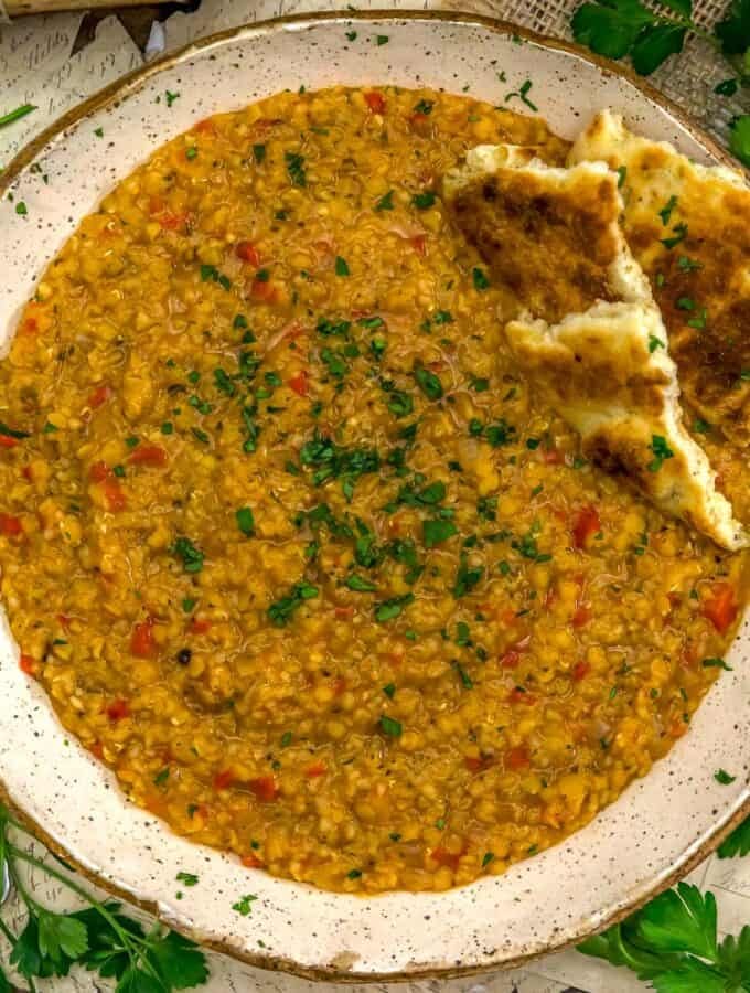 Turkish Red Lentil Bulgur Stew with bread