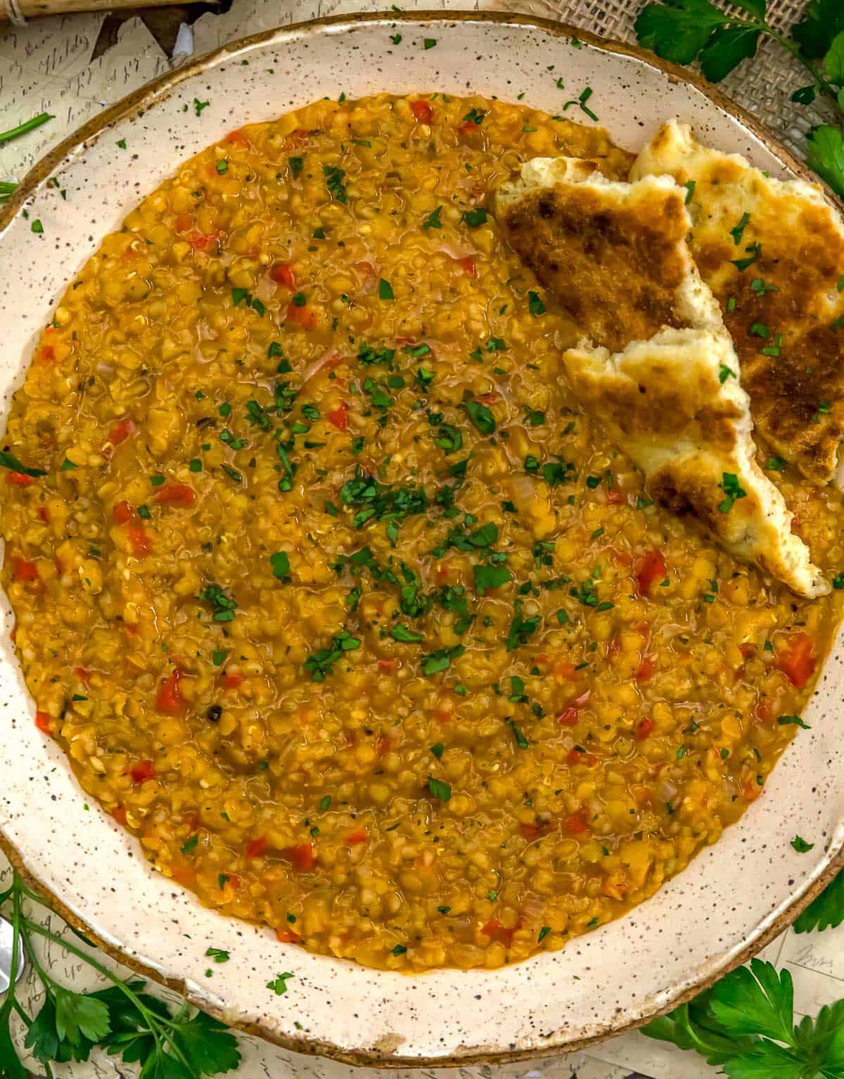 Turkish Red Lentil Bulgur Stew with bread