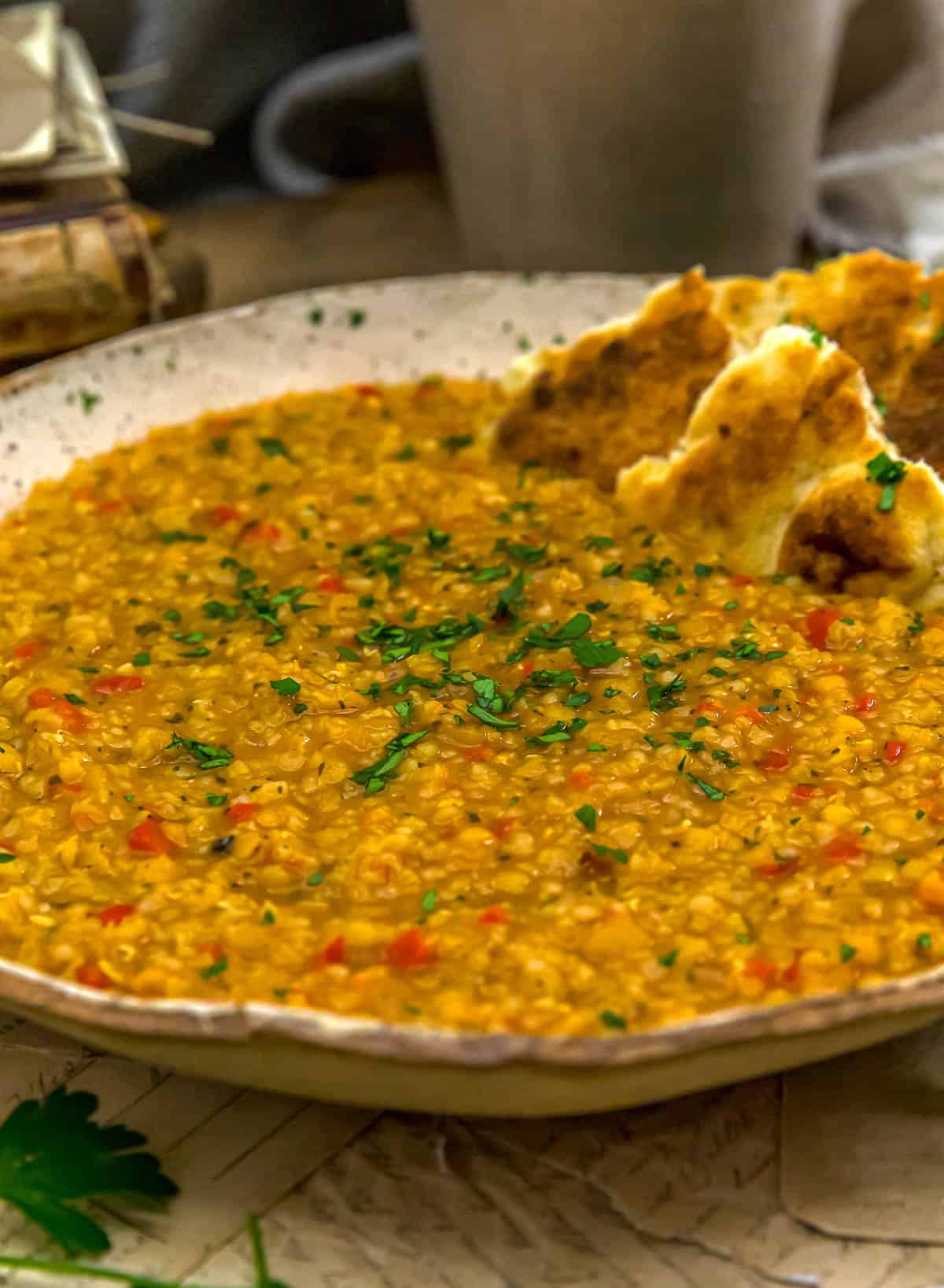 Close up of Turkish Red Lentil Bulgur Stew