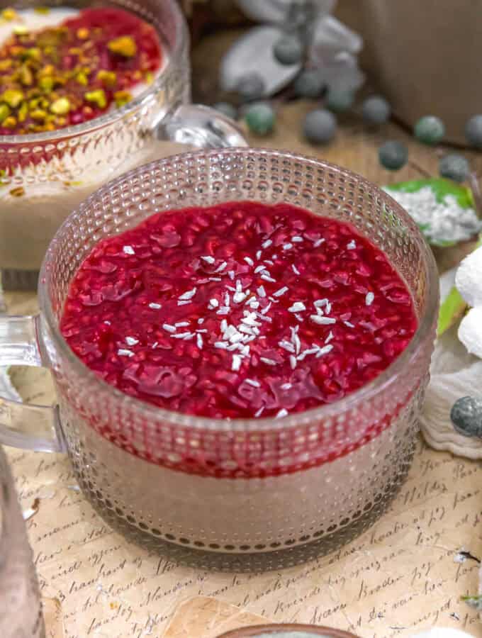 Vegan Lebanese Panna Cotta with raspberry sauce