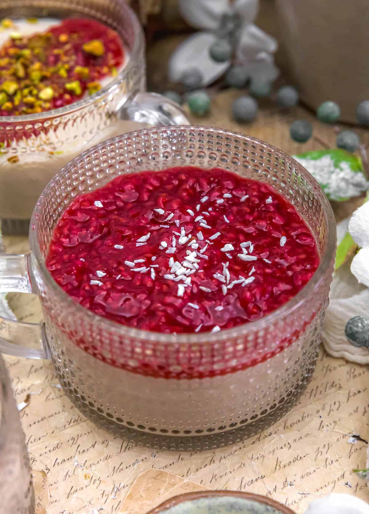 Vegan Lebanese Panna Cotta with raspberry sauce