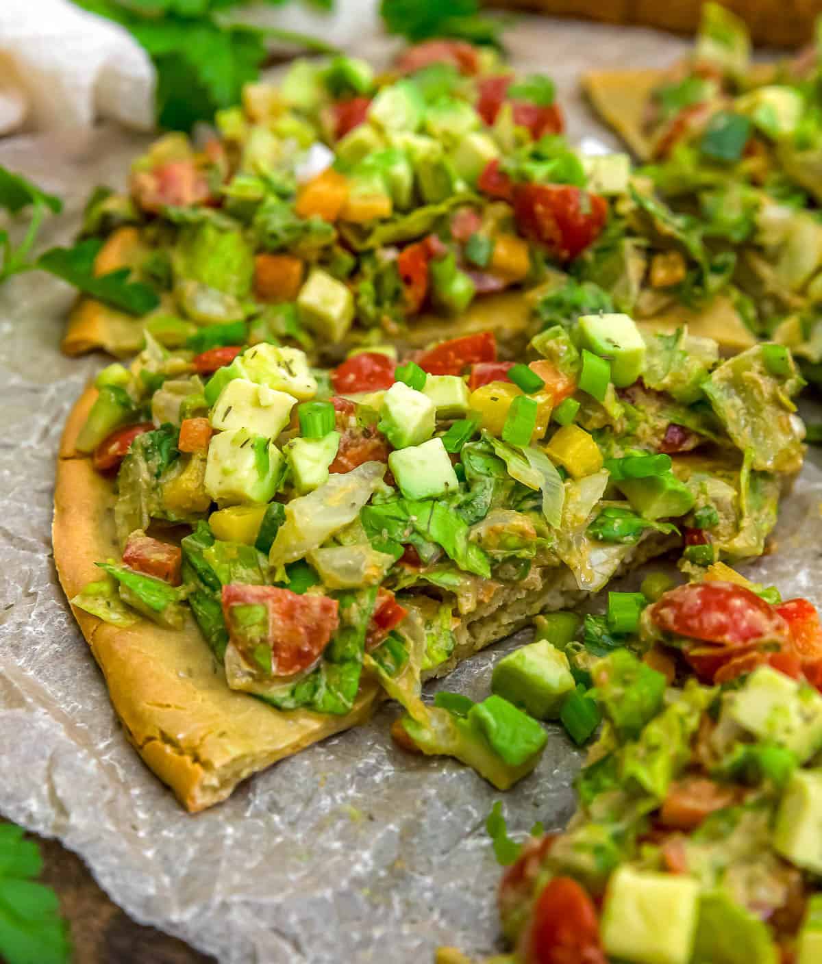 Close up of Garden Salad Flatbread Pizza