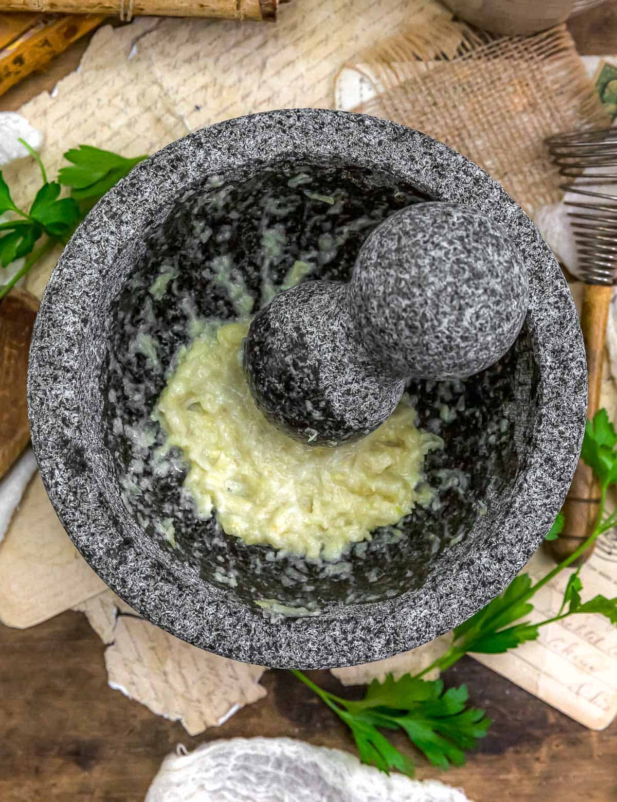 Smashed garlic and salt