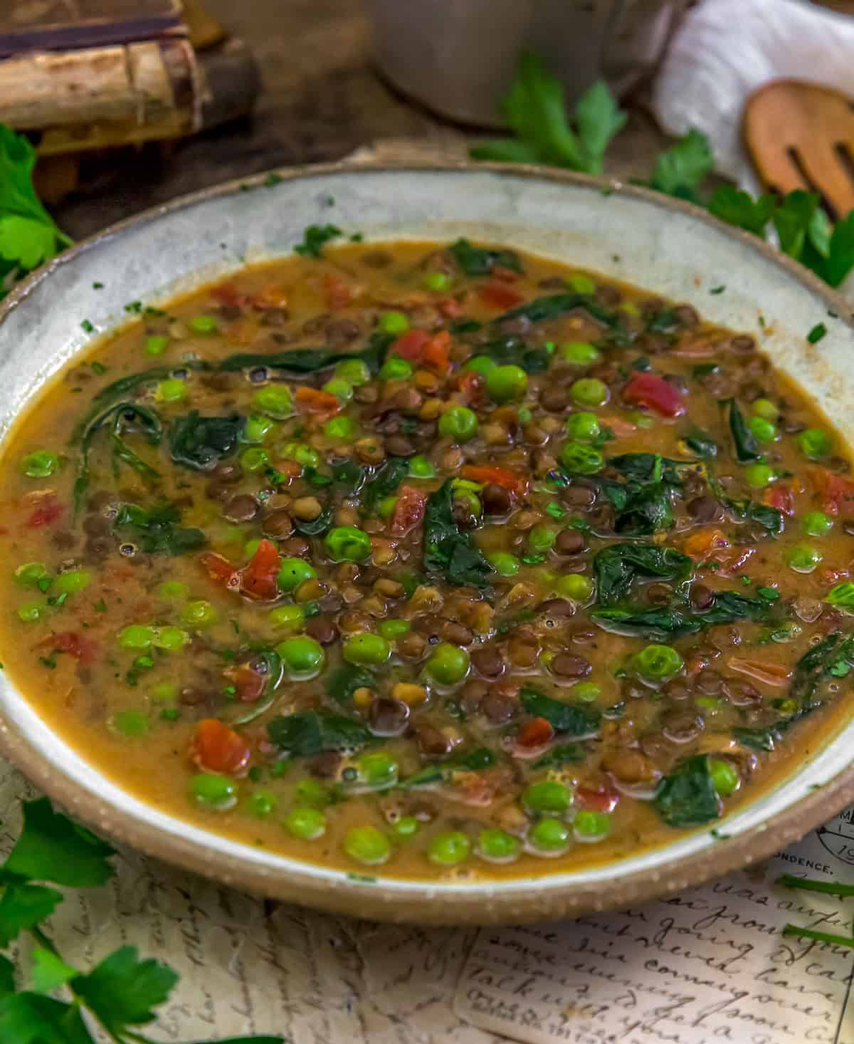 Close up of Easy No-Chop Lentil Veggie Soup
