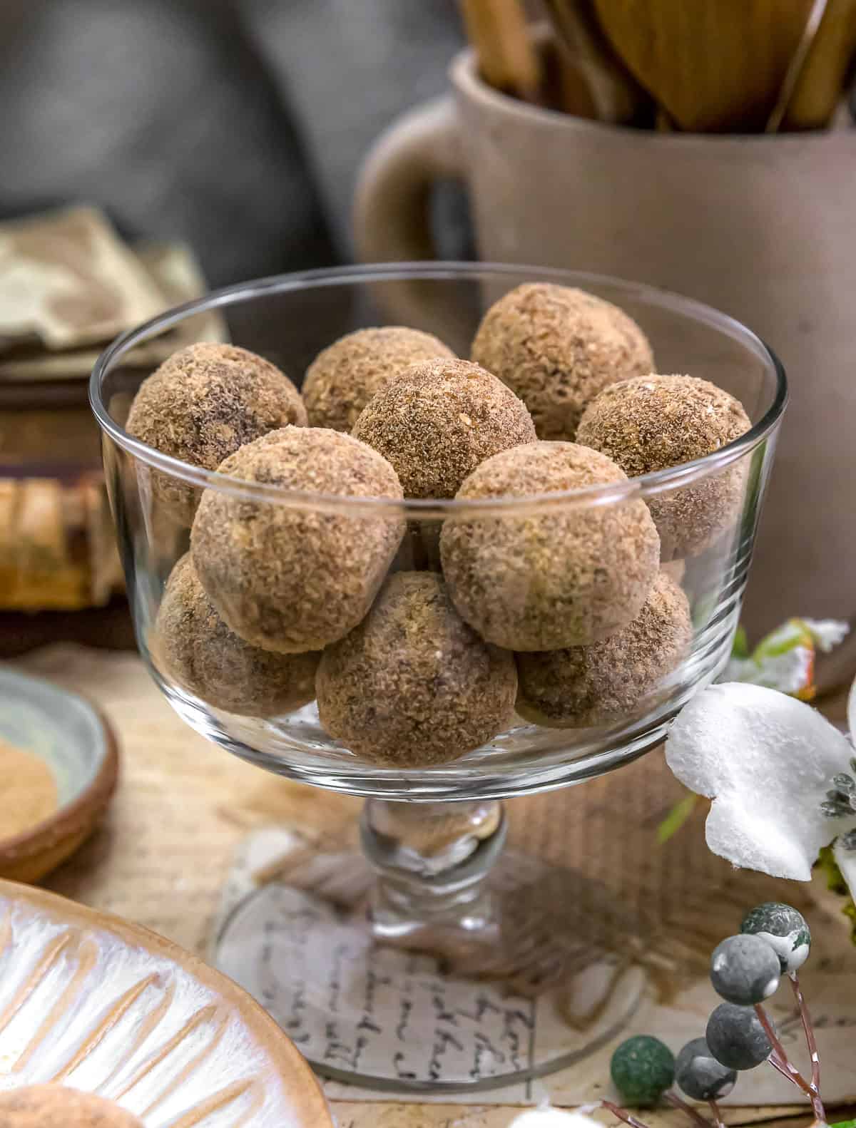 Dish of Healthy Churro Date Bliss Balls