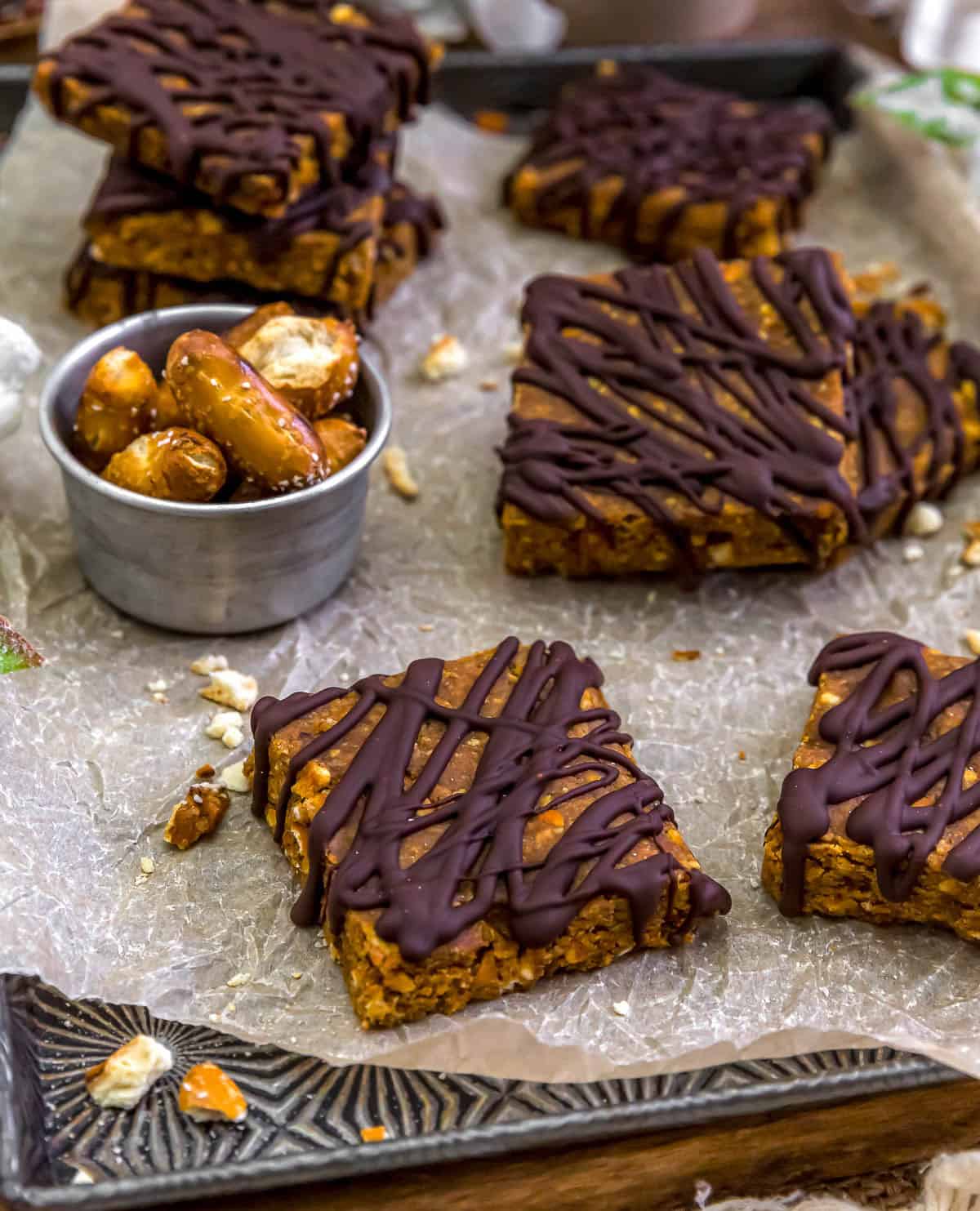 No-Bake Healthy Lunch Lady Peanut Butter Bars on a cookie sheet
