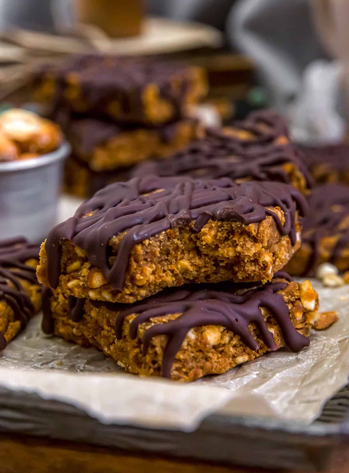 Eating a No-Bake Healthy Lunch Lady Peanut Butter Bar