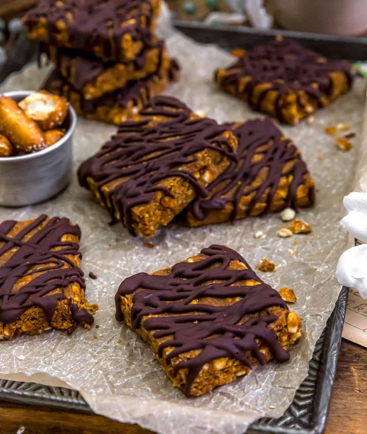 Sheet pan of No-Bake Healthy Lunch Lady Peanut Butter Bars