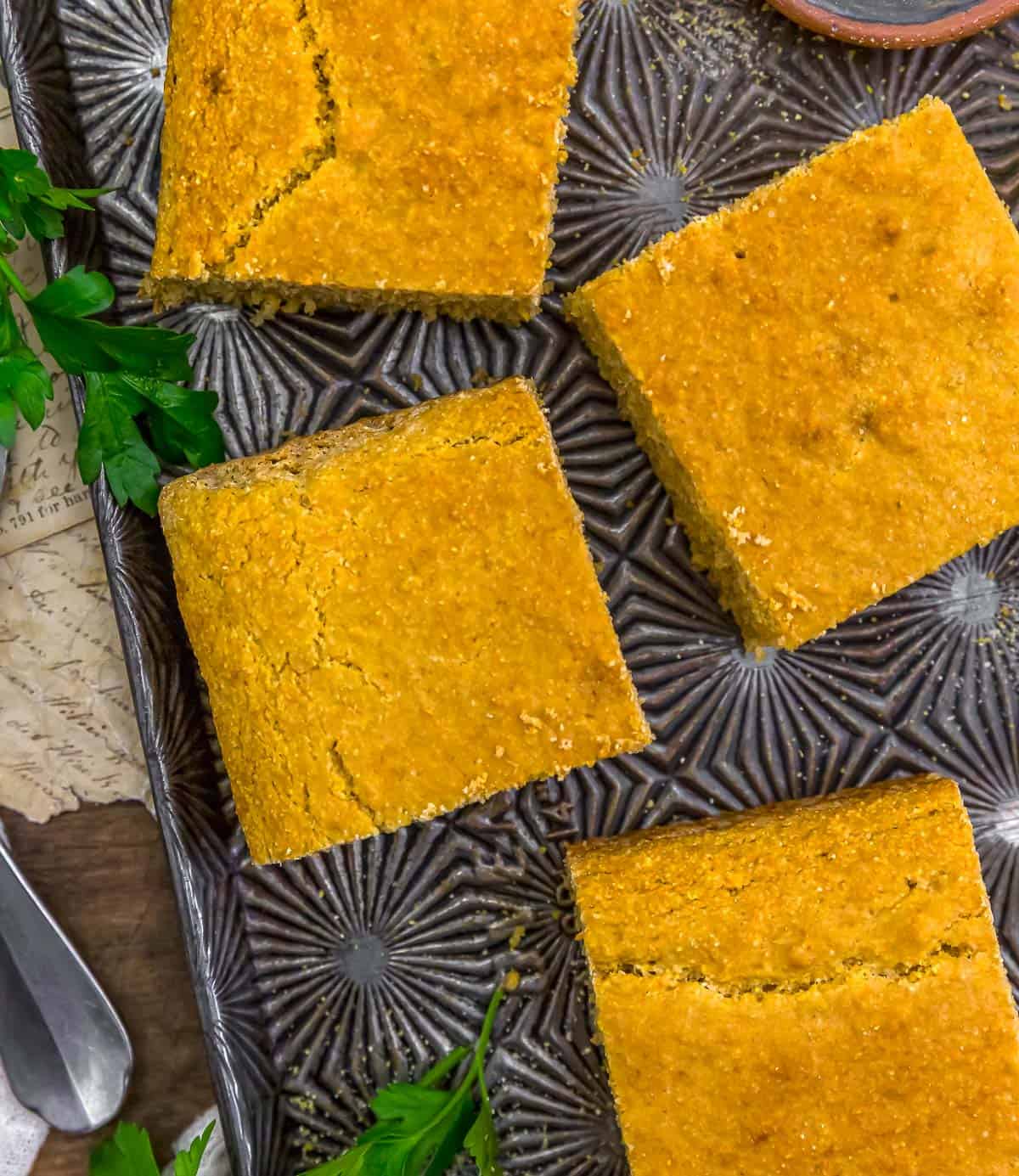 Vegan Southern Sweet Cornbread on a baking sheet