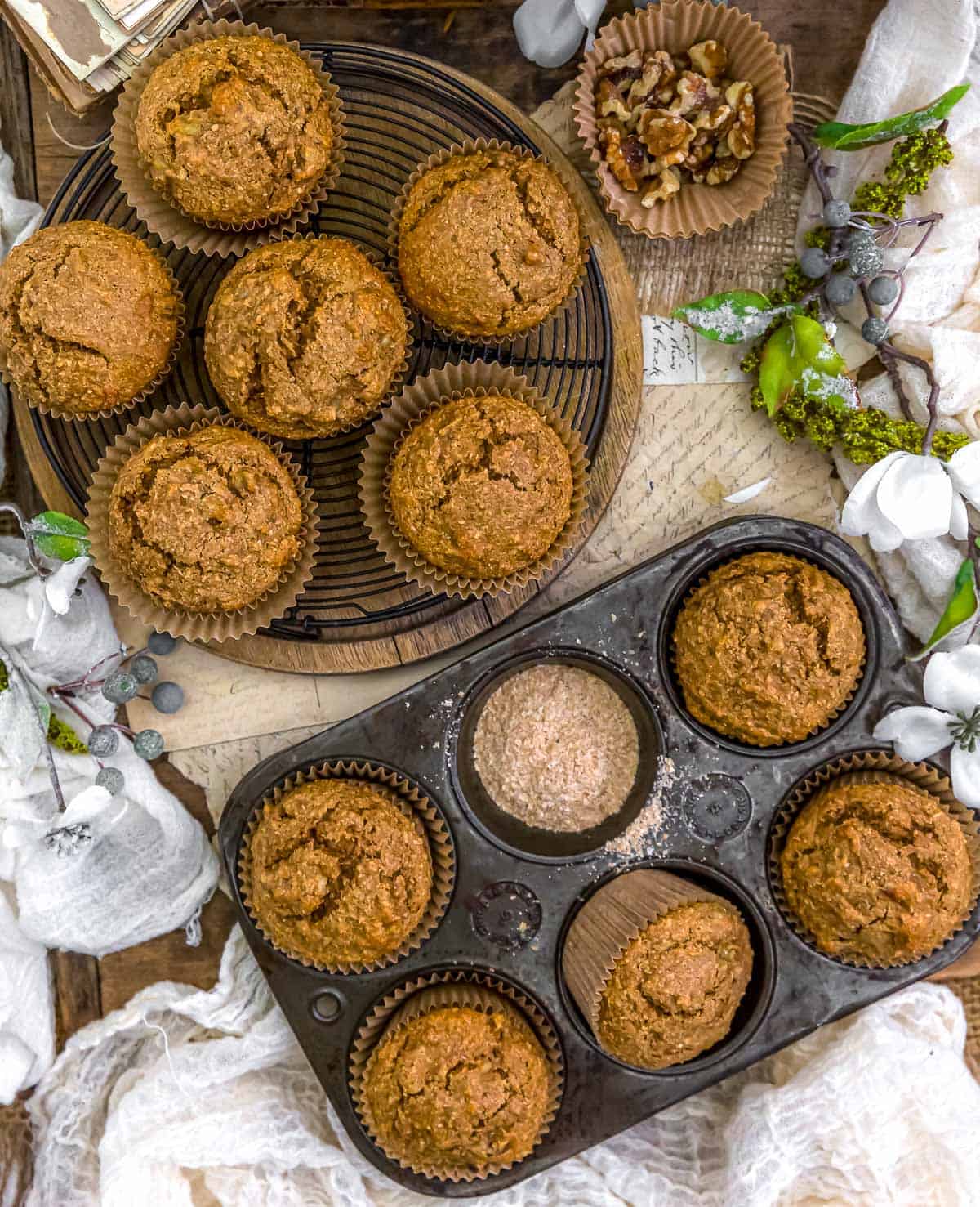 Tablescape of Healthy Banana Nut Wheat Bran Muffins