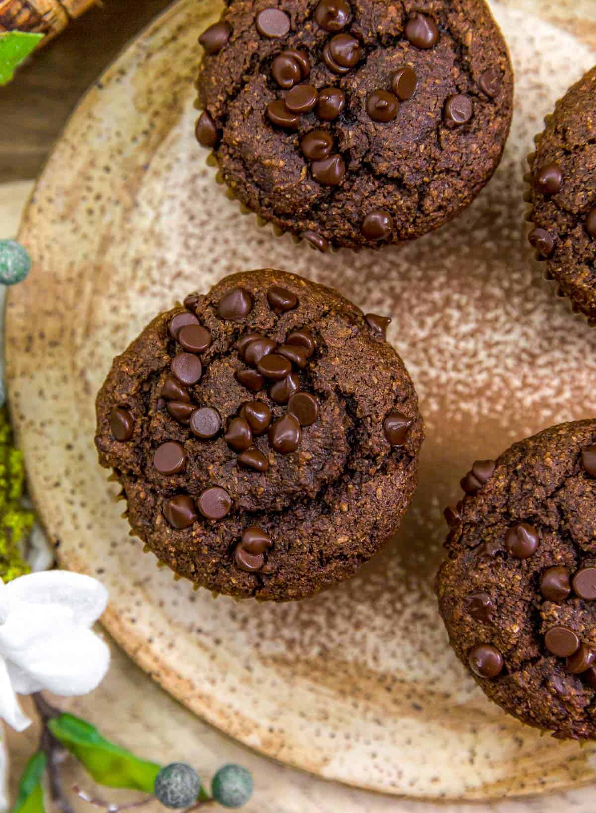 Plate full of Healthy Chocolate Wheat Bran Muffins