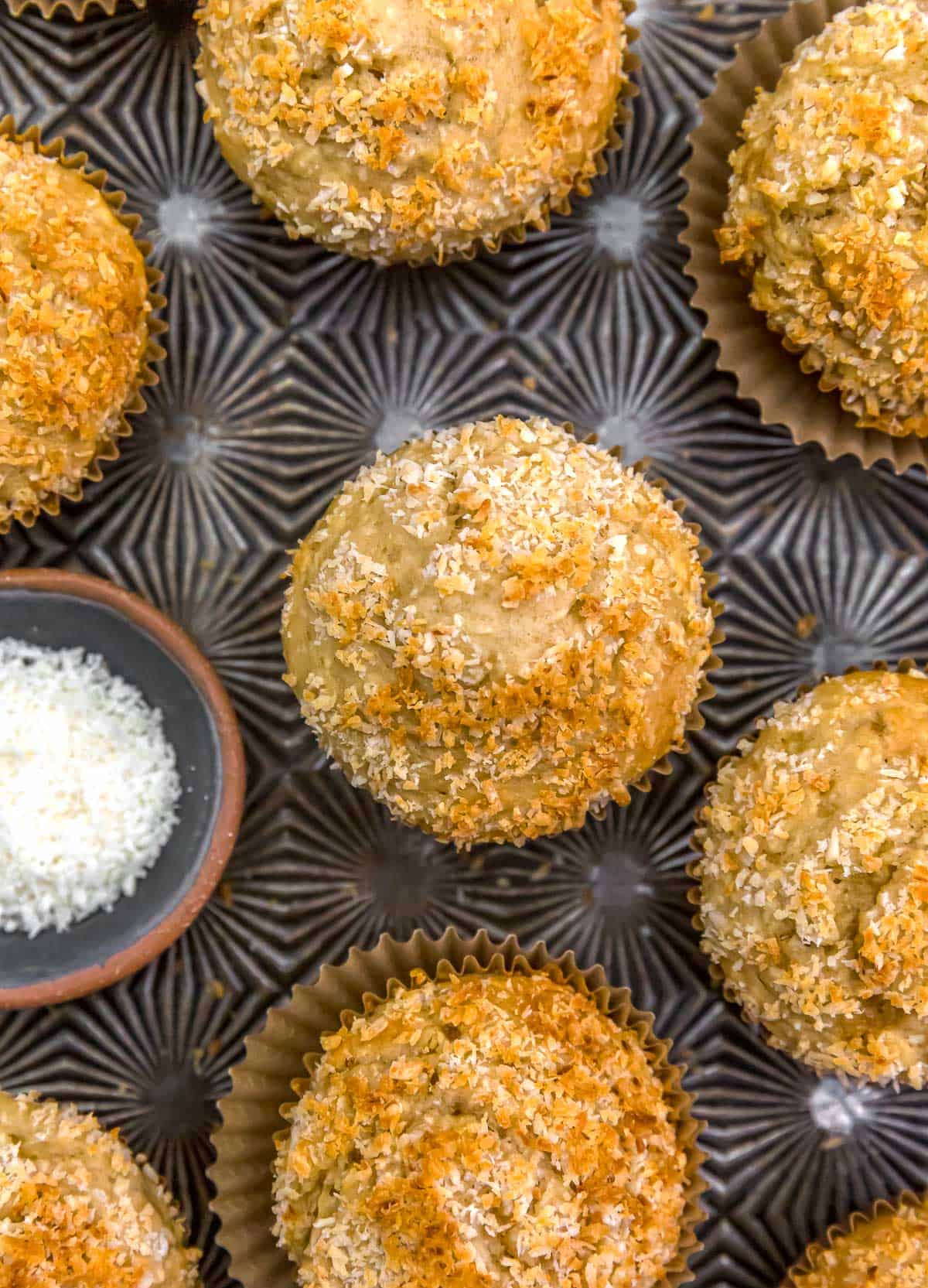 Baking sheet with Healthy Vegan Coconut Pineapple Muffins