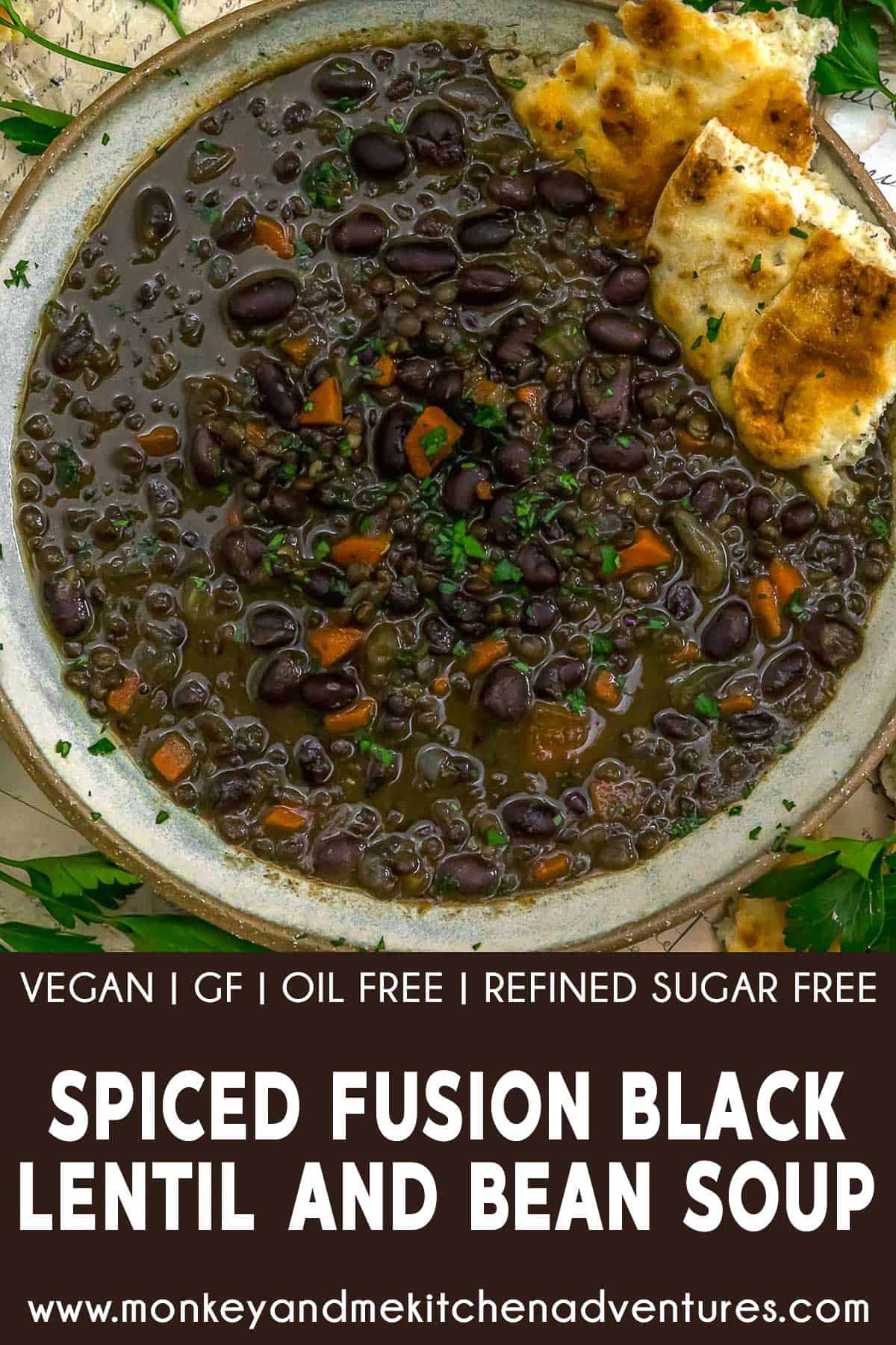 Spiced Fusion Black Lentil and Bean Soup with text description