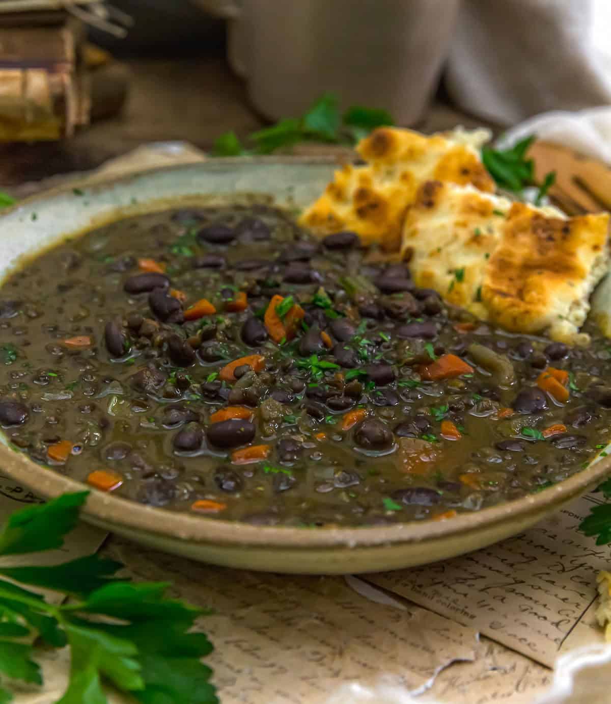 Close up of Spiced Fusion Black Lentil and Bean Soup