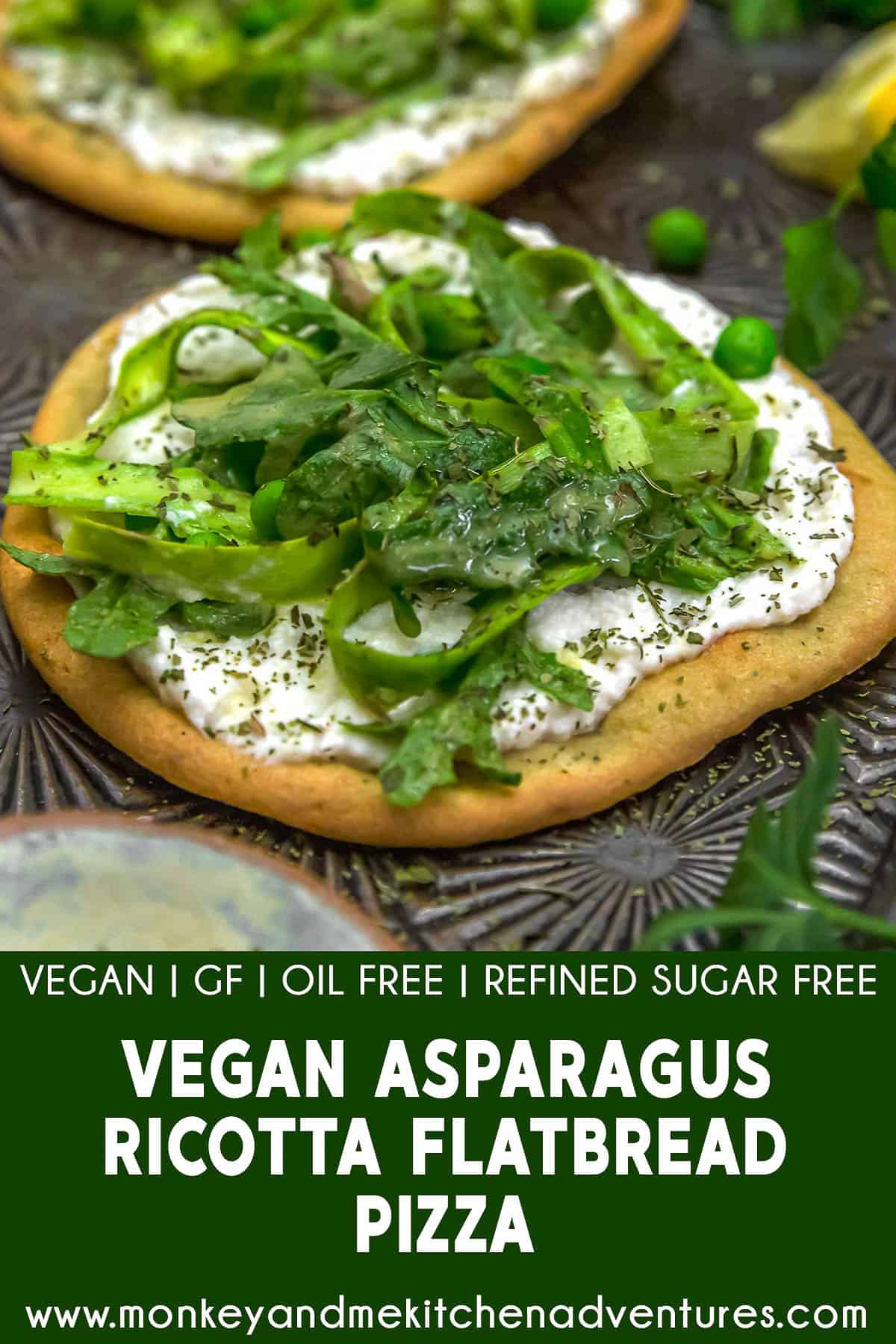 Vegan Asparagus Ricotta Flatbread Pizza with text description