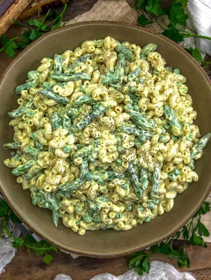 Bowl of Vegan Creamy Asparagus Pea Macaroni Salad