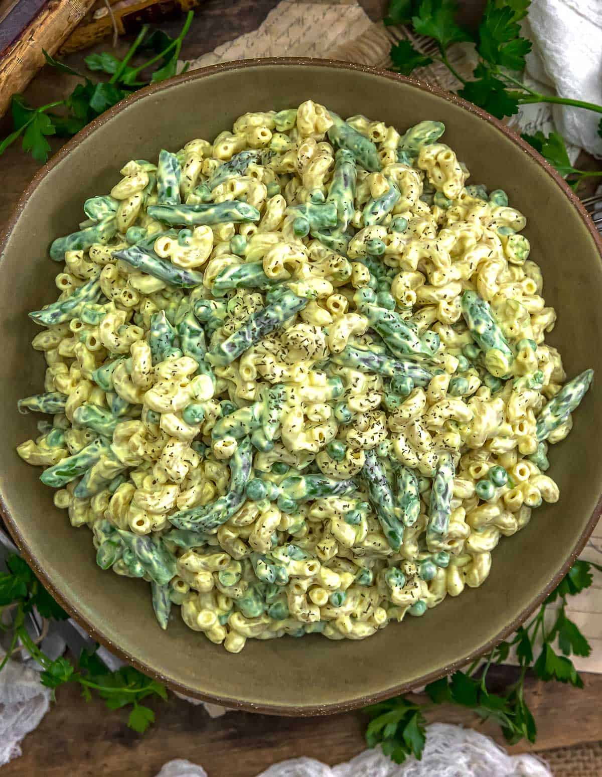 Bowl of Vegan Creamy Asparagus Pea Macaroni Salad