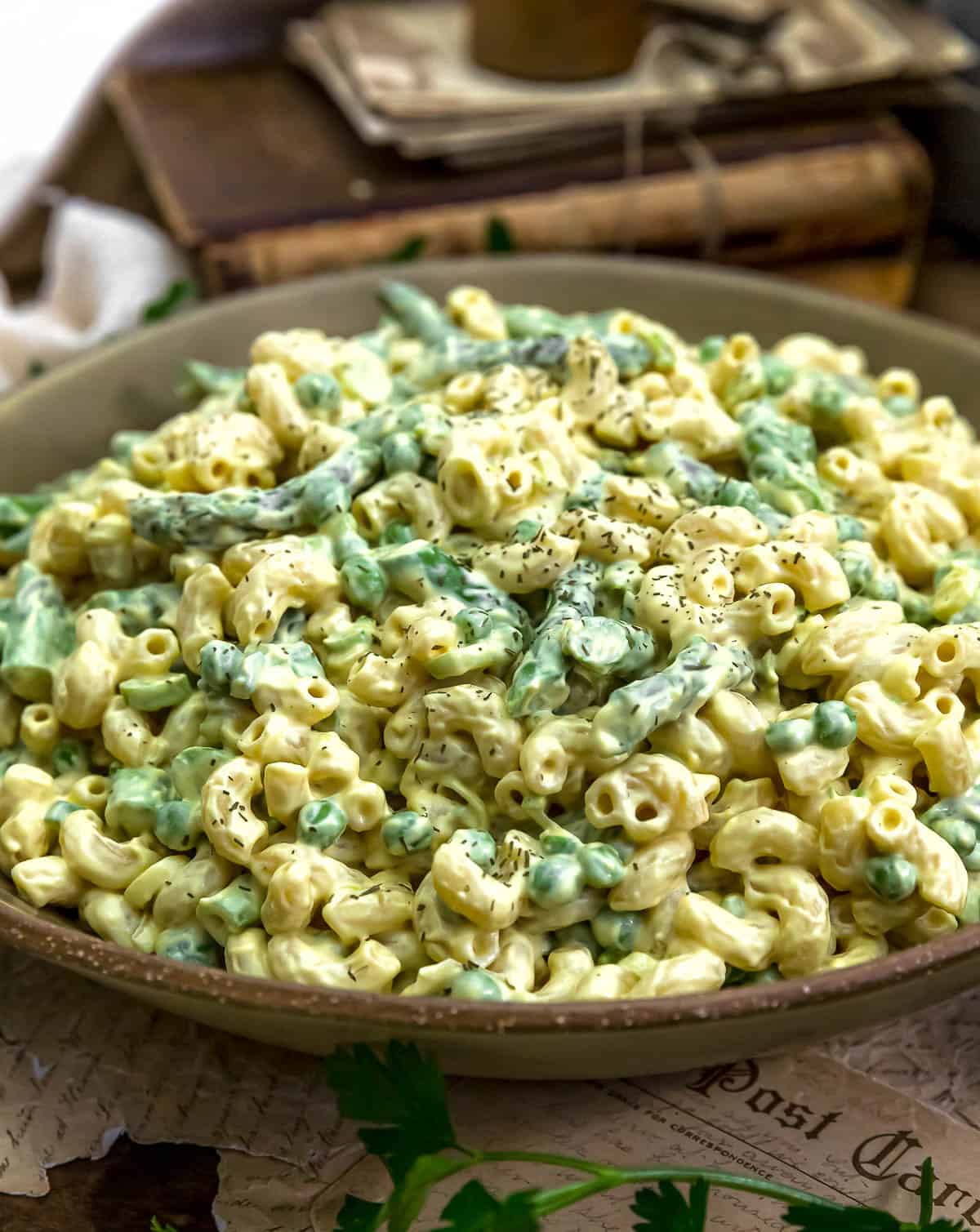 Close up of Vegan Creamy Asparagus Pea Macaroni Salad