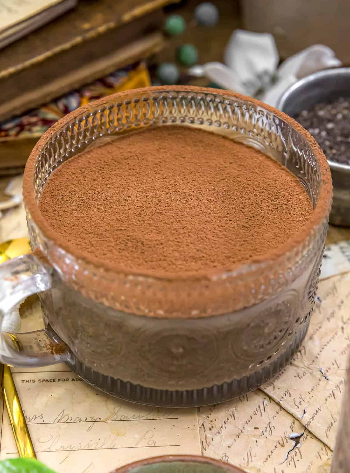 Close up of Vegan Tiramisu Chia Pudding