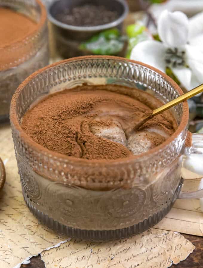Spoon in a jar of Vegan Tiramisu Chia Pudding