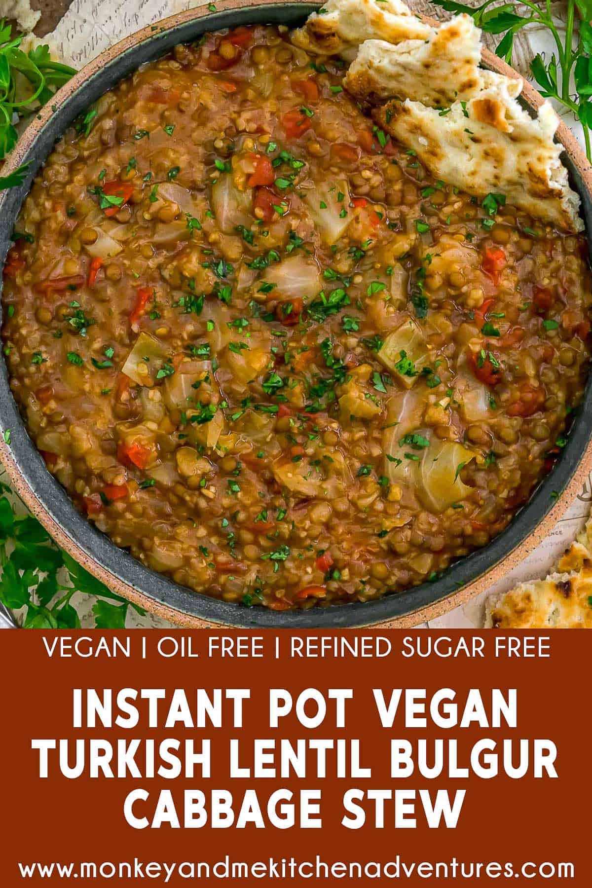 Instant Pot Vegan Turkish Lentil Bulgur Cabbage Stew with text description