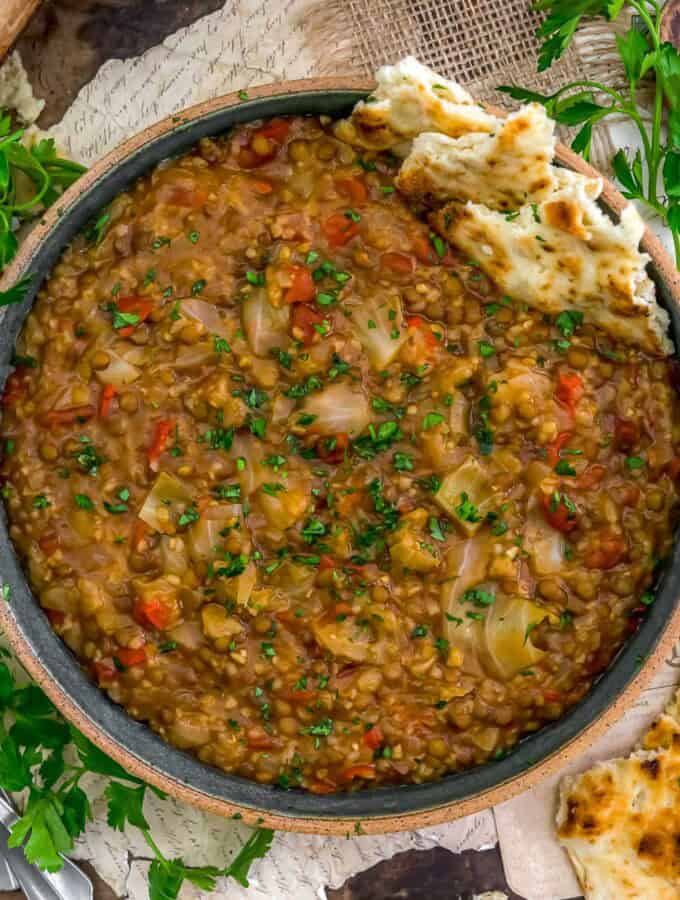 Bowl of Instant Pot Vegan Turkish Lentil Bulgur Cabbage Stew