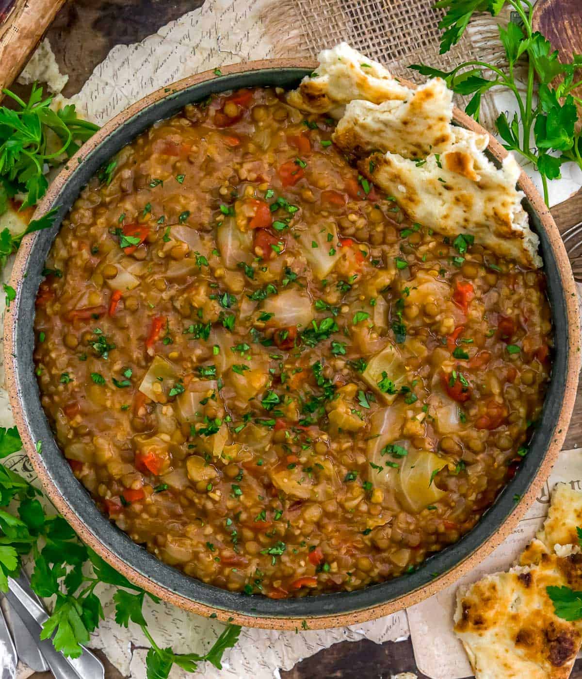 Bowl of Instant Pot Vegan Turkish Lentil Bulgur Cabbage Stew
