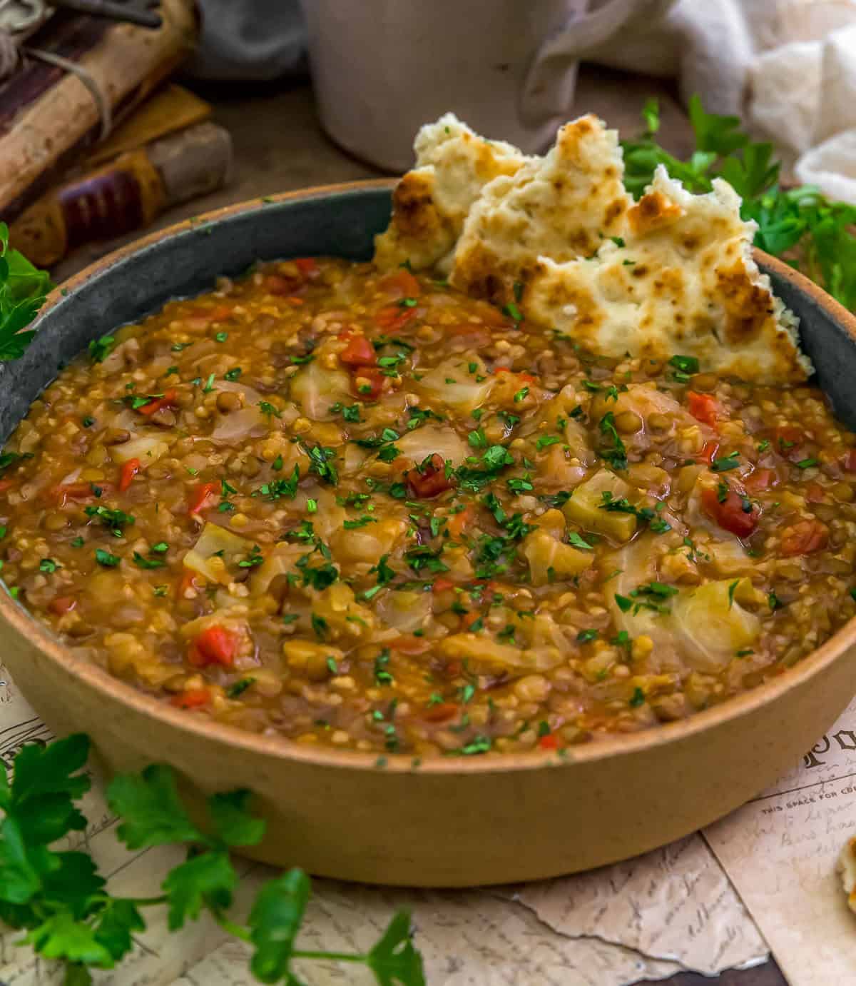 Close up of Instant Pot Vegan Turkish Lentil Bulgur Cabbage Stew