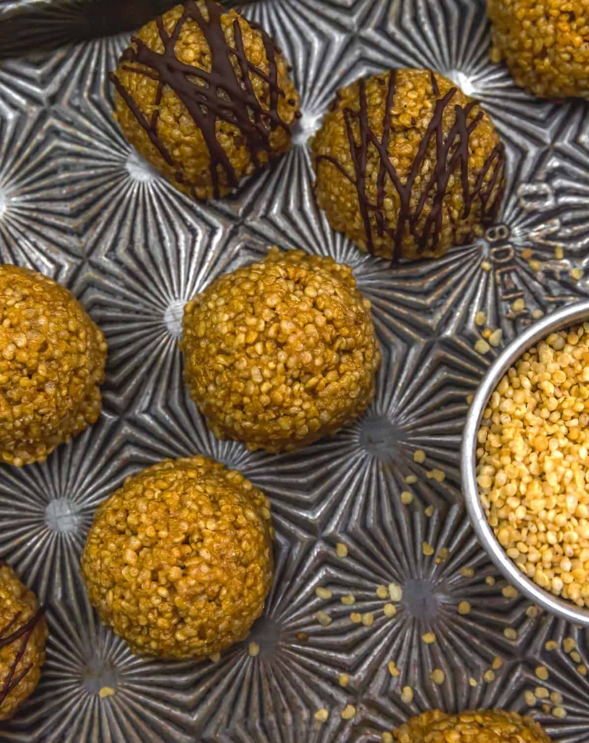 Tray of No-Bake Puffed Quinoa Peanut Butter Cookies
