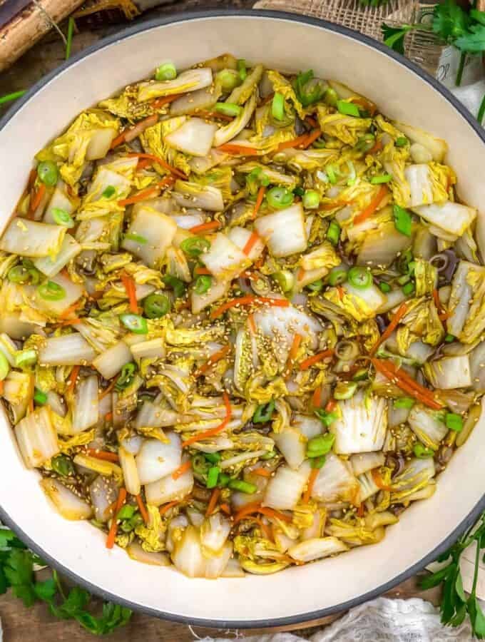 Skillet of Oil Free Asian Sour Napa Cabbage Stir Fry