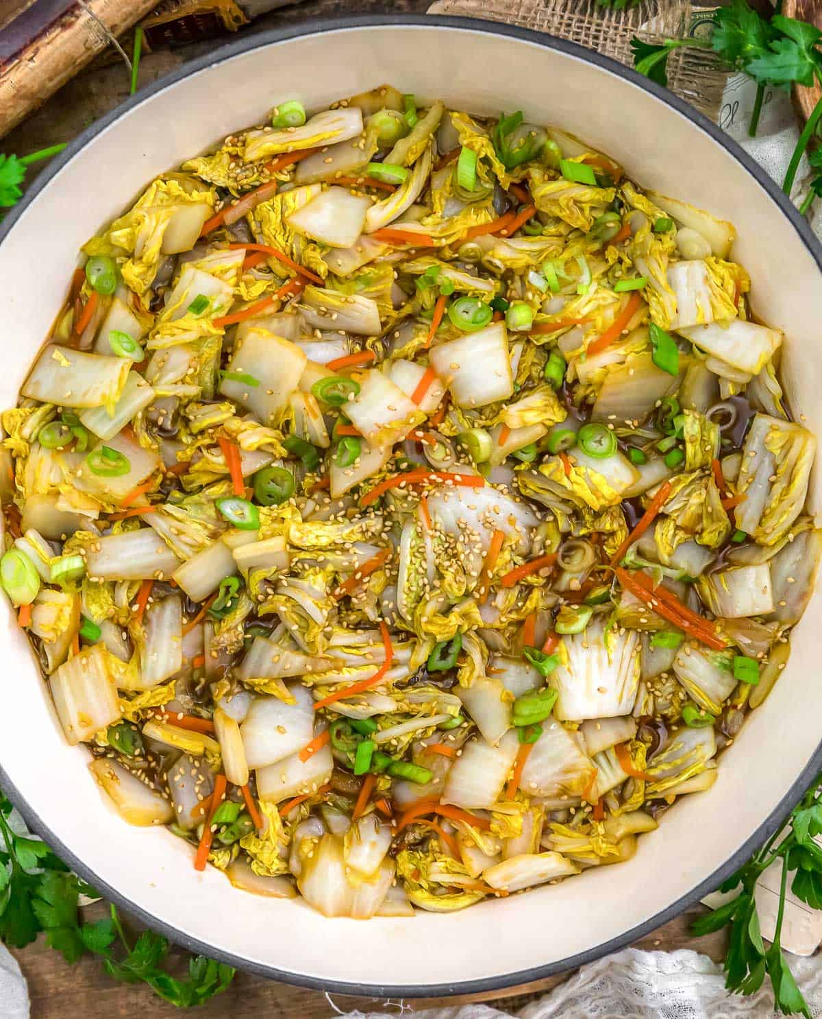 Skillet of Oil Free Asian Sour Napa Cabbage Stir Fry