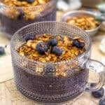 Close up of Blueberry Crisp Blended Chia Pudding