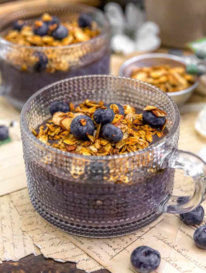 Close up of Blueberry Crisp Blended Chia Pudding